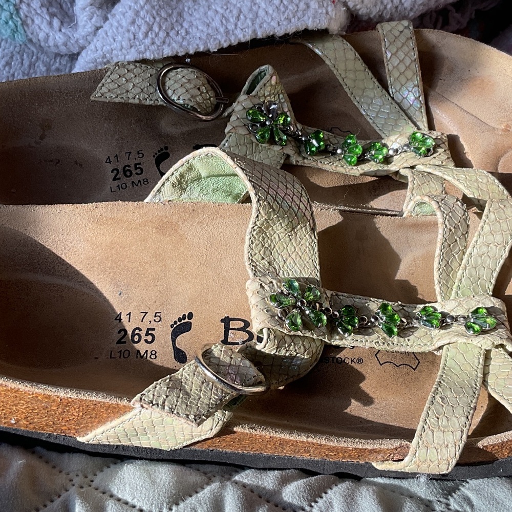 Birkenstock Pale green shimmer Snake-Print Slide Sandals with Green Gem Accents - Picture 9 of 10